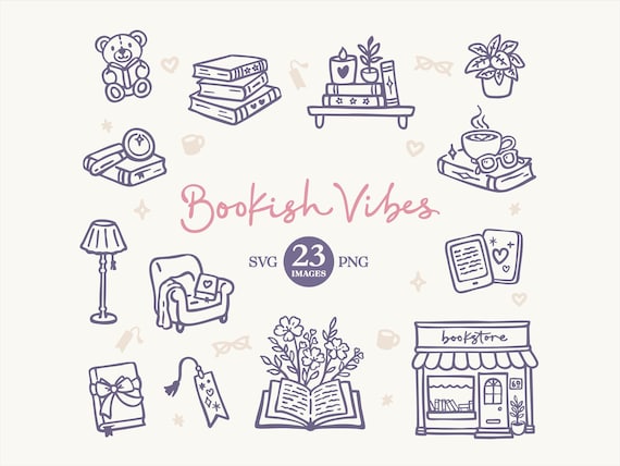 Bookish Clipart: Hand Drawn Book themed doodles (SVG, PNG, Commercial Licence)