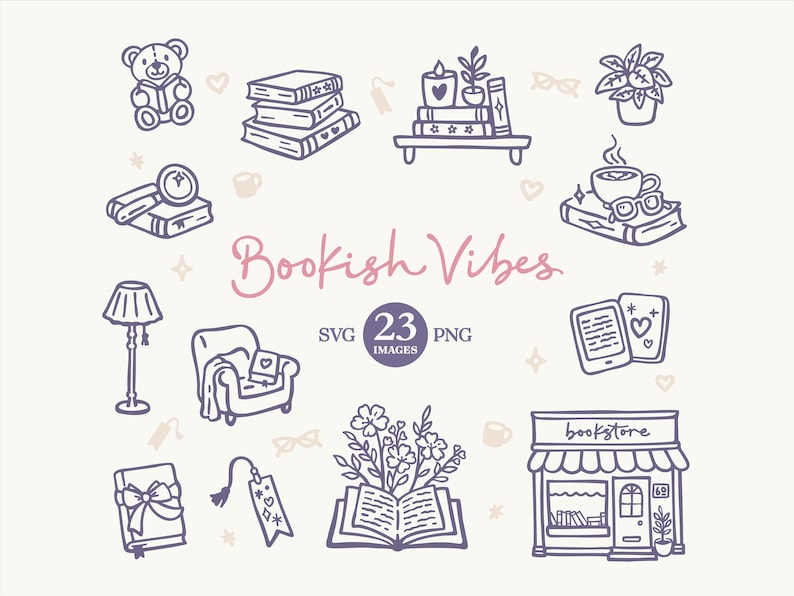 Bookish Clipart: Hand Drawn Book themed doodles (SVG, PNG, Commercial Licence)