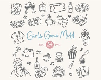 Girls Gone Mild Bachelorette Clipart: Hand Drawn Slumber Party Doodles (SVG, PNG, Commercial License)
