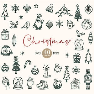 Puede incluir: Un conjunto de 40 imágenes SVG y PNG con temática navideña en color verde oscuro. Las ilustraciones incluyen elementos festivos como árboles de Navidad, adornos, copos de nieve, un gnomo, un suéter, regalos y la palabra "Christmas".
