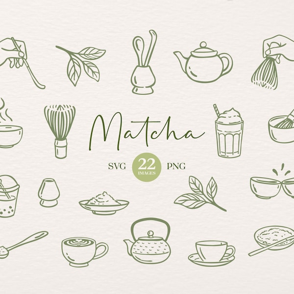 Clipart Matcha-thee: handgetekende Matcha-illustraties (SVG- en PNG-bestanden. Canva bewerkbaar)