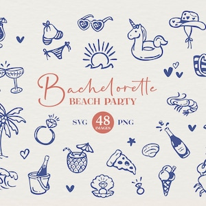 Beach Bachelorette Hand Drawn clipart. Ícones temáticos de casamento costeiro em SVG e PNG. Clipart nupcial perfeito para edições do Canva.