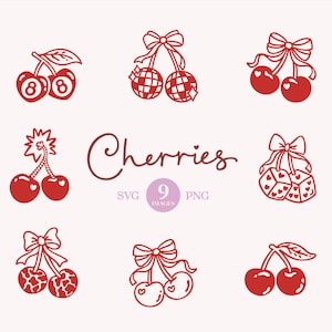 May include: A selection of red cherry illustrations with different designs, such as cherries with dice, a bow, and the number 8. The word "Cherries" is written in a cursive font. The image also includes the text "SVG" and "PNG".