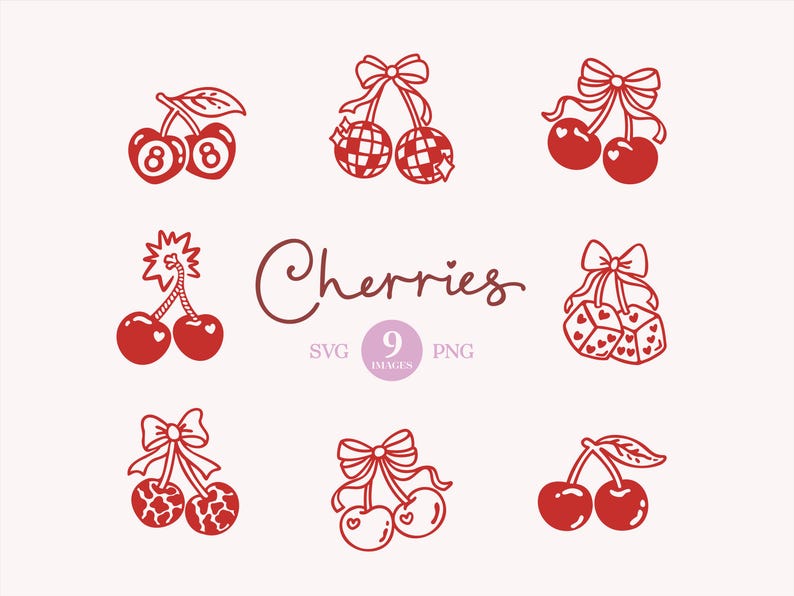 Whimsical hand drawn cherry themed doodles. Includes Coquette Cherries, Disco Ball Cherries, Cow-print Cherries, Dice Cherries and Cherry Bomb clipart.