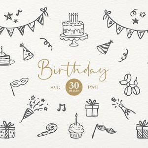 Clipart de cumpleaños dibujado a mano. Íconos de fiesta de cumpleaños en SVG y PNG. Clipart de celebración de cumpleaños perfecto para Canva Edits.