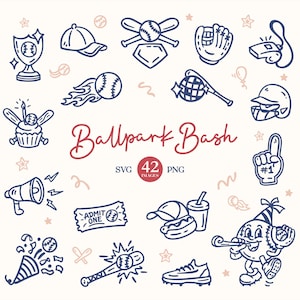 Könnte beinhalten: Eine Sammlung von Baseball-Illustrationen in Marineblau und Rot, darunter eine Trophäe, eine Baseballkappe, ein Handschuh und ein Baseball-Charakter. Der Text "Ballpark Bash" ist in Schreibschrift dargestellt, darunter steht "SVG 42 PNG".