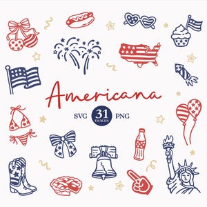 May include: A collection of red, white, and blue Americana-themed illustrations. Includes a bikini, cowboy boots, fireworks, a map of the USA, a hot dog, and the Statue of Liberty. The word "Americana" is written in red script.