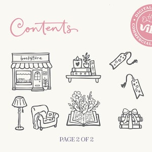 May include: A digital illustration with the word "Contents" in pink script. The image features line drawings of a bookstore, a shelf with books and candles, bookmarks, a lamp, an armchair, an open book with flowers, and a stack of books tied with a bow. The text "PAGE 2 OF 2" is at the bottom.