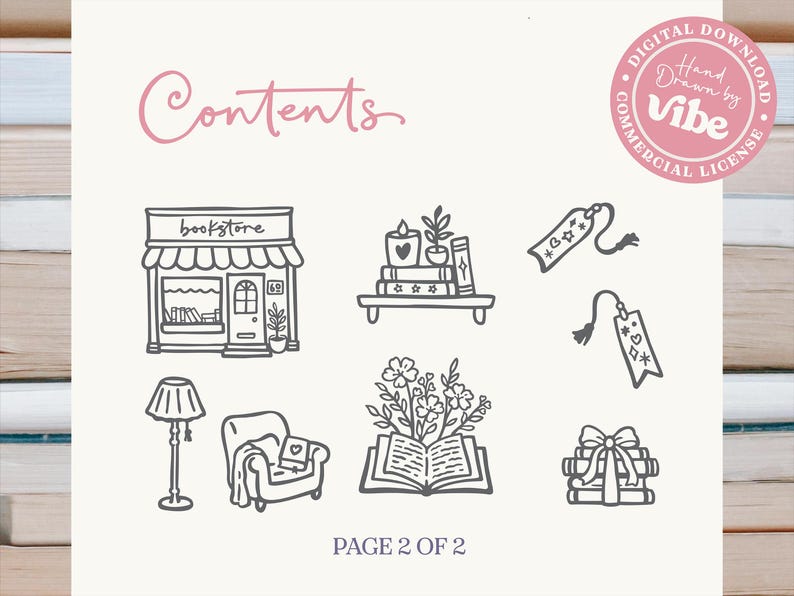 May include: A digital illustration with the word "Contents" in pink script. The image features line drawings of a bookstore, a shelf with books and candles, bookmarks, a lamp, an armchair, an open book with flowers, and a stack of books tied with a bow. The text "PAGE 2 OF 2" is at the bottom.