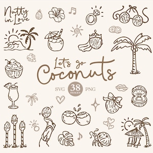 Könnte beinhalten: Eine Sammlung handgezeichneter Illustrationen mit tropischem Thema. Die Bilder zeigen Kokosnüsse, Palmen, Cocktails und den Text "Let's go Coconuts". Der Satz "Nutty in Love" ist ebenfalls vorhanden.
