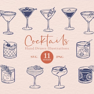 Illustrazioni di cocktail disegnati a mano, icone di cocktail per temi di cocktail, menu, cancelleria. SVG PNG. Clipart modificabile Canva