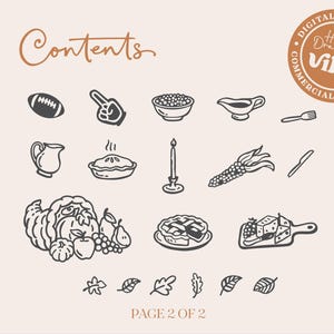 May include: A digital download sheet titled Contents, featuring hand-drawn dark brown icons on a light background. Illustrations include a football, foam finger, bowl, gravy boat, fork, pitcher, pie, candle, corn, knife, cornucopia, pie, cheese board, and leaves.
