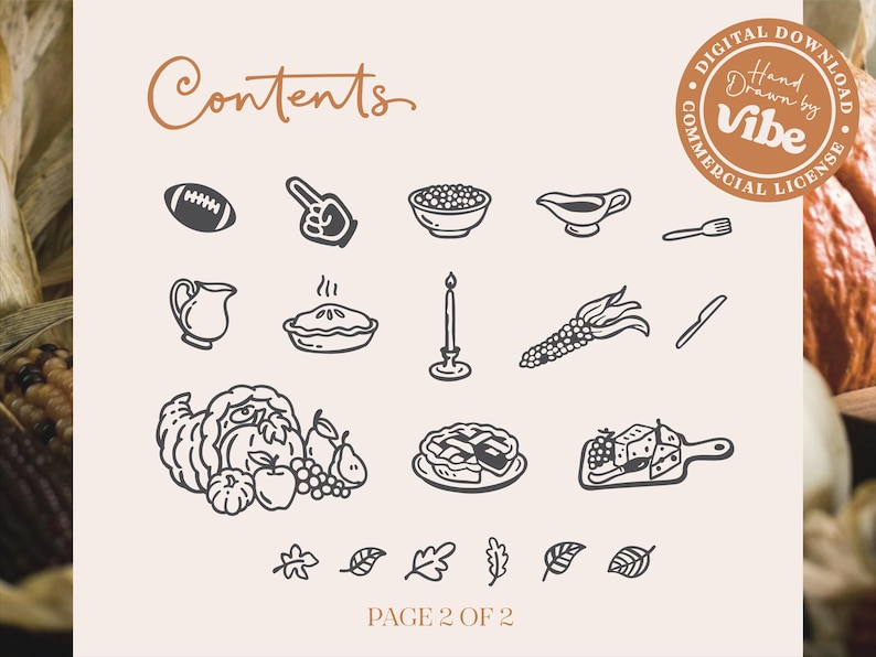 May include: A digital download sheet titled Contents, featuring hand-drawn dark brown icons on a light background. Illustrations include a football, foam finger, bowl, gravy boat, fork, pitcher, pie, candle, corn, knife, cornucopia, pie, cheese board, and leaves.