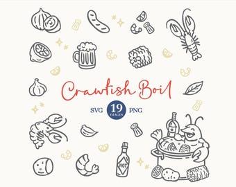 Clipart langoesten koken: handgetekende zuidelijke cookout-doodles (SVG, PNG, commerciële licentie)