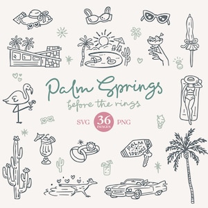 May include: A collection of dark gray line art illustrations featuring Palm Springs themes, including a mid-century house, a pool, a flamingo, a cactus, a convertible car, and rings. The text reads Palm Springs before the rings, SVG, 36, and PNG.