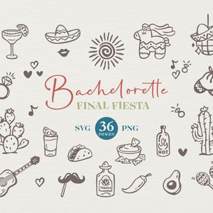 Illustrations de Final Fiesta Bachelorette dessinées à la main. Clipart Bachelorette sur le thème du Mexique en SVG et PNG. Clipart de mariée pour les retouches sur toile