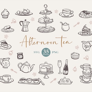 Nachmittagstee Clipart: Handgezeichnete Illustrationen (SVG- und PNG-Dateien. Canva Bearbeitbar)