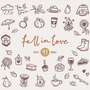 Op de afbeelding: Een verzameling bruine lijntekeningen met herfstthema's, waaronder een pompoen, trui, paraplu, koffiekopje, kampvuur, zonnebloem, laarzen en diverse etenswaren. De tekst "fall in love" staat in het midden met "SVG 41 PNG" eronder.