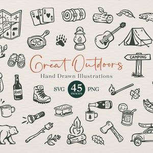 Great Outdoors Whimsical hand drawn clipart in SVG and PNG.  Camping themed elements perfect for   camp bachelorette party and outdoor merch