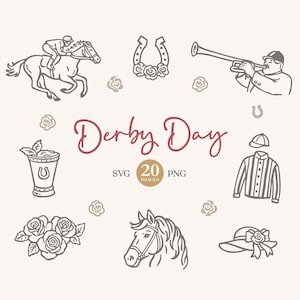 May include: A collection of line art illustrations with a Derby Day theme. Includes a racehorse with jockey, horseshoe with roses, a person blowing a trumpet, a mint julep, a jockey's uniform, a hat, and roses. The text "Derby Day" is also included.