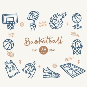 May include: A collection of hand-drawn basketball-themed illustrations in navy blue and tan. The image includes basketballs, hoops, a jersey, a sneaker, and the word "Basketball". The image also includes the text "SVG 28 PNG Images".