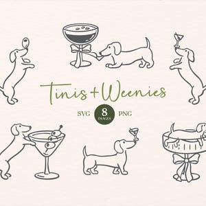 Peut inclure: Illustration en noir et blanc de teckels et de cocktails. L'image comprend le texte "Tinis + Weenies" et le chiffre "8" dans un cercle. L'image est en noir et blanc.
