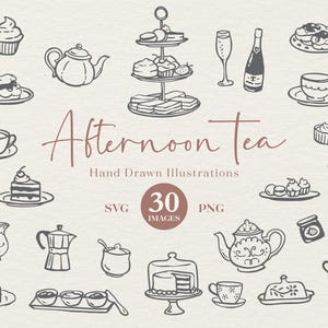 30 imágenes prediseñadas de té de la tarde dibujadas a mano en SVG y PNG: diseños de té de la tarde, editables en Canva. Tema de té con crema perfecto para invitaciones y menús