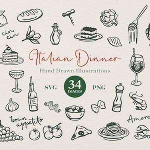 Italienisches Abendessen Hand gezeichnetes Icon Set in SVG und PNG.  Perfektes italienisches Hochzeitsdinner Clipart für Menüs, Einladungen. Bearbeitbar in Canva