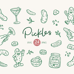 Könnte beinhalten: Eine Sammlung von 24 grünen Strichzeichnungen von Essiggurken, darunter ganze Gurken, Scheiben, ein Martini mit Gurke und ein Glas Gurken. Das Wort "Pickles" ist in einer Schreibschrift geschrieben, darunter "SVG 24 PNG".