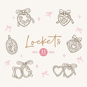 Puede incluir: Una colección de medallones en línea marrón en varias formas, incluyendo corazones y óvalos, adornados con lazos y detalles florales. La palabra "Lockets" está escrita en cursiva, con "SVG 11 PNG" debajo.