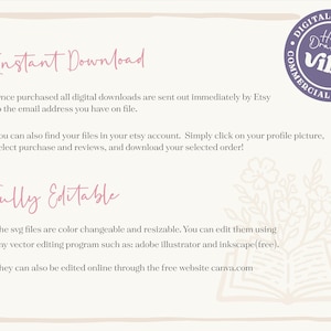 May include: A digital download graphic with text in a soft pink hue. The text reads "Instant Download" and "Fully Editable". A circular logo with the words "Digital Download" and "Commercial License" surrounds the words "Hand Drawn by Vibe".