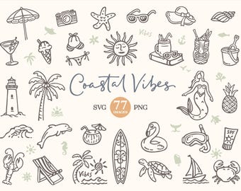 Coastal Clipart: Hand Drawn Summer beach images (SVG, PNG, Commercial License)