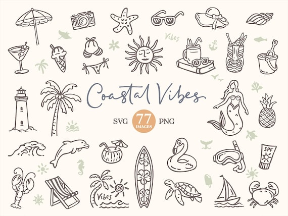 Coastal Clipart: Hand Drawn Summer beach images (SVG, PNG, Commercial License)
