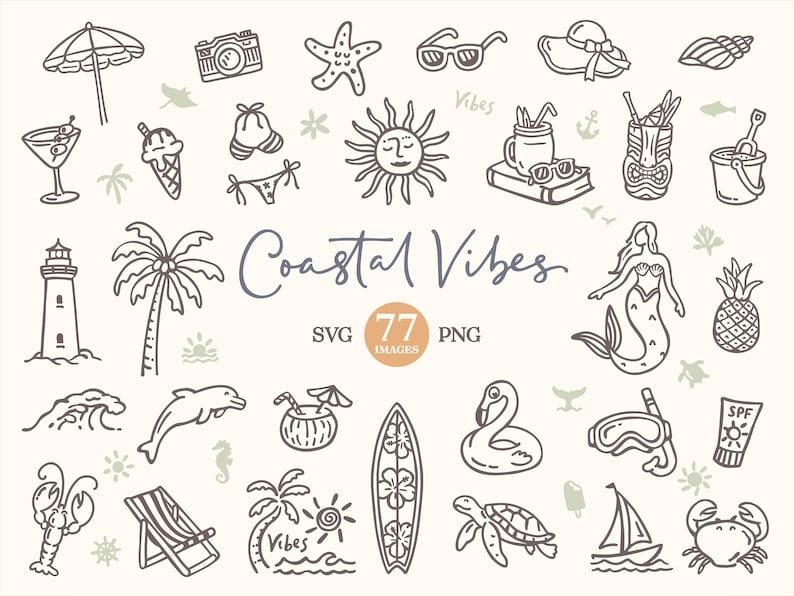 Coastal Clipart: Hand Drawn Summer beach images (SVG, PNG, Commercial License)