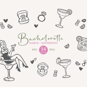 Margs and Matrimony hand drawn illustrations.  Clipart for Margs and Matrimony themed bridal shower.  PNG and SVG. Canva Editable.
