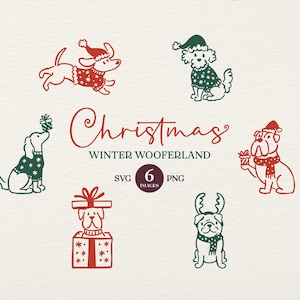 Puede incluir: Ilustración digital de seis perros de dibujos animados con atuendos festivos. Los perros llevan suéteres, sombreros y bufandas, con un tema navideño. El texto "Christmas Winter Woofderland" se muestra en escritura roja.