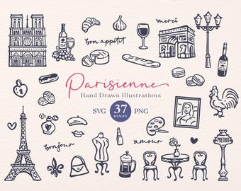 May include: A collection of hand-drawn Parisian illustrations in black and white, including the Eiffel Tower, Arc de Triomphe, Notre Dame, wine, croissants, and macarons. The word "Parisienne" is written in cursive script, with the number "37" and the words "SVG" and "PNG" also present.