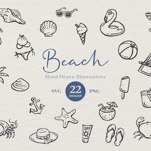 22 Ícones de praia feitos à mão. Imagens de clipart costeiras: Conchas, Bola de praia, Biquíni, Estrela do mar, Coquetéis – Perfeito para edições do Canva. SVG e PNG