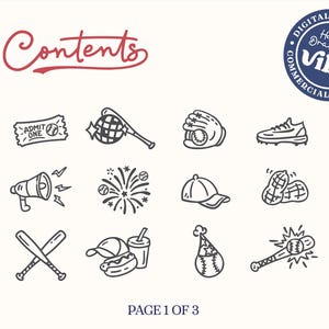 May include: A digital download graphic with baseball-themed illustrations. The image includes a ticket, baseball bat, glove, shoe, megaphone, fireworks, cap, peanuts, crossed bats, hot dog, drink, party hat, and a baseball hitting a bat. Text includes "Contents", "Digital Download", and "Page 1 of 3".