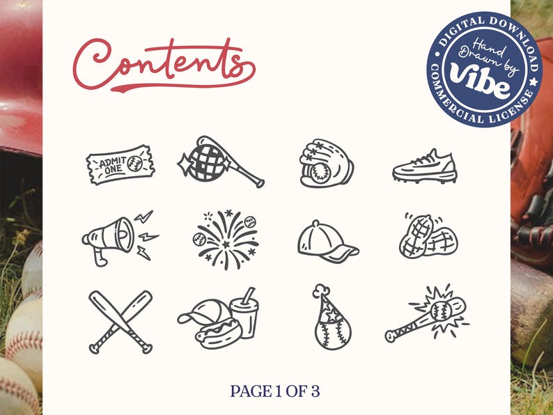 May include: A digital download graphic with baseball-themed illustrations. The image includes a ticket, baseball bat, glove, shoe, megaphone, fireworks, cap, peanuts, crossed bats, hot dog, drink, party hat, and a baseball hitting a bat. Text includes "Contents", "Digital Download", and "Page 1 of 3".