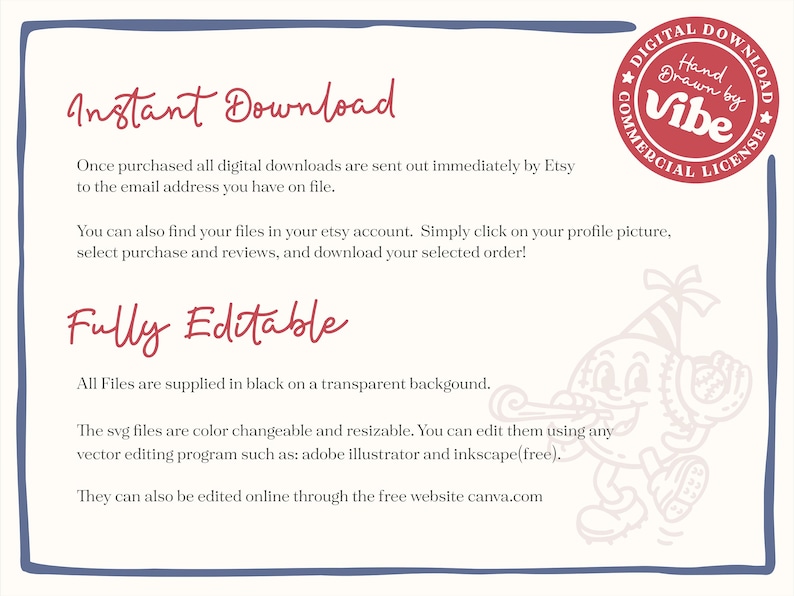 May include: Cream-colored digital download graphic with red text and a red circular logo that says "Digital Download, Hand Drawn by Vibe, Commercial License." Text includes "Instant Download" and "Fully Editable."