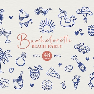 Clipart de despedida de soltera en la playa: iconos de boda costera dibujados a mano (SVG y PNG, editables por Canva)