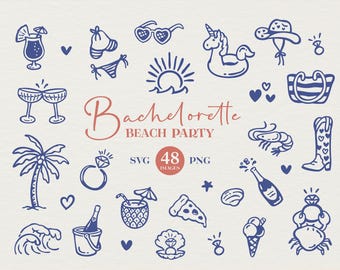 Beach Bachelorette Clipart:  Hand-Drawn Coastal Wedding icons (SVG and PNG, Canva Editable)