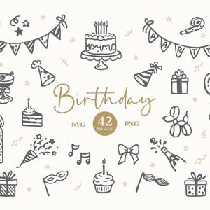 Birthday Party Clipart: Hand-Drawn Illustrations (SVG and PNG Files. Canva Editable)