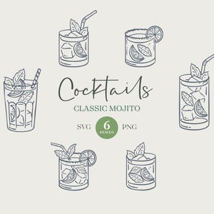 Illustrazioni disegnate a mano con cocktail Mojito. Disegni di Mojito in formato SVG e PNG. Clipart di Mojito perfette per le modifiche su Canva.