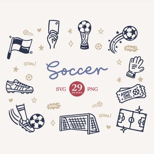 May include: A collection of hand-drawn soccer-themed illustrations in navy blue and white, including a soccer ball, a trophy, a soccer shoe, a goal, and a soccer field. The word "Soccer" is written in a cursive font. The image also includes the text "SVG 29 PNG IMAGES".