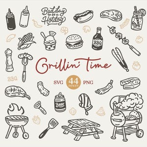 May include: Black and white line art illustrations of grilling-related items, including a grill, hot dog, steak, burger, and condiments. Text includes "Grillin' Time", "Bad day to be a hotdog", "SVG", "44 Images", and "PNG".