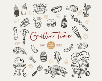 Puede incluir: Ilustraciones en blanco y negro de elementos de barbacoa, incluyendo una parrilla, un perrito caliente, un bistec, una hamburguesa y condimentos. El texto incluye "Grillin' Time", "Bad day to be a hotdog", "SVG", "44 Images" y "PNG".