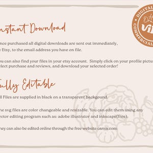 May include: A digital download information card with a light beige background and dark brown text. It features the headings Instant Download and Fully Editable, with a circular badge in the top right corner reading Hand Drawn by Vibe.