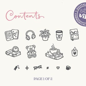May include: A digital download graphic with the word "Contents" in pink script. The image features hand-drawn illustrations of reading-related items, including an e-reader, headphones, a plant, a coffee cup, books, and a teddy bear. The text "PAGE 1 OF 2" is also present.